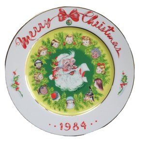 MERRY CHRISTMAS 1984  Decorative Plate 1984 Gold Trim Hangable by Eve Rockwell